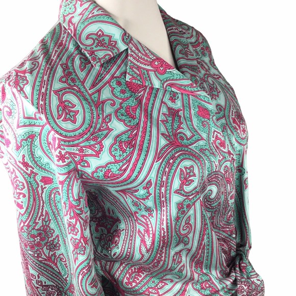 Jones New York Women Blouse Tie front Small Green Pink Paisley Small - Picture 3 of 15